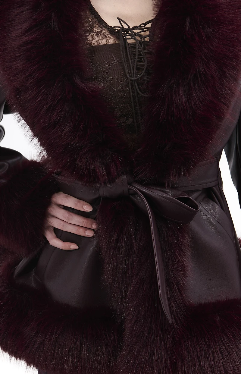 AZALEA WANG Kenzy Burgundy Faux Leather & Fur Belted Coat