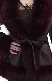 AZALEA WANG Kenzy Burgundy Faux Leather & Fur Belted Coat