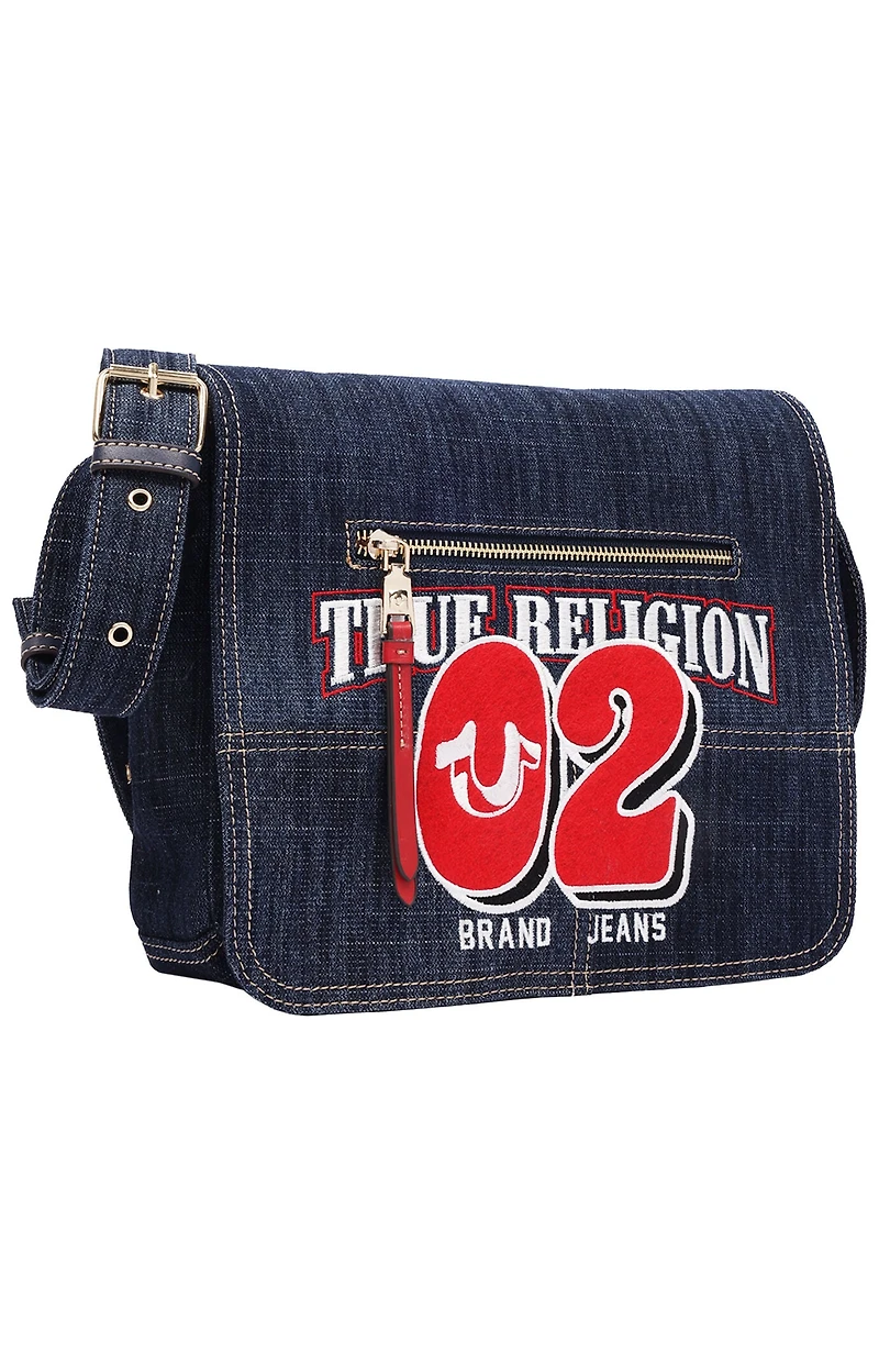 True Religion Varsity Logo Dark Denim Messenger Bag