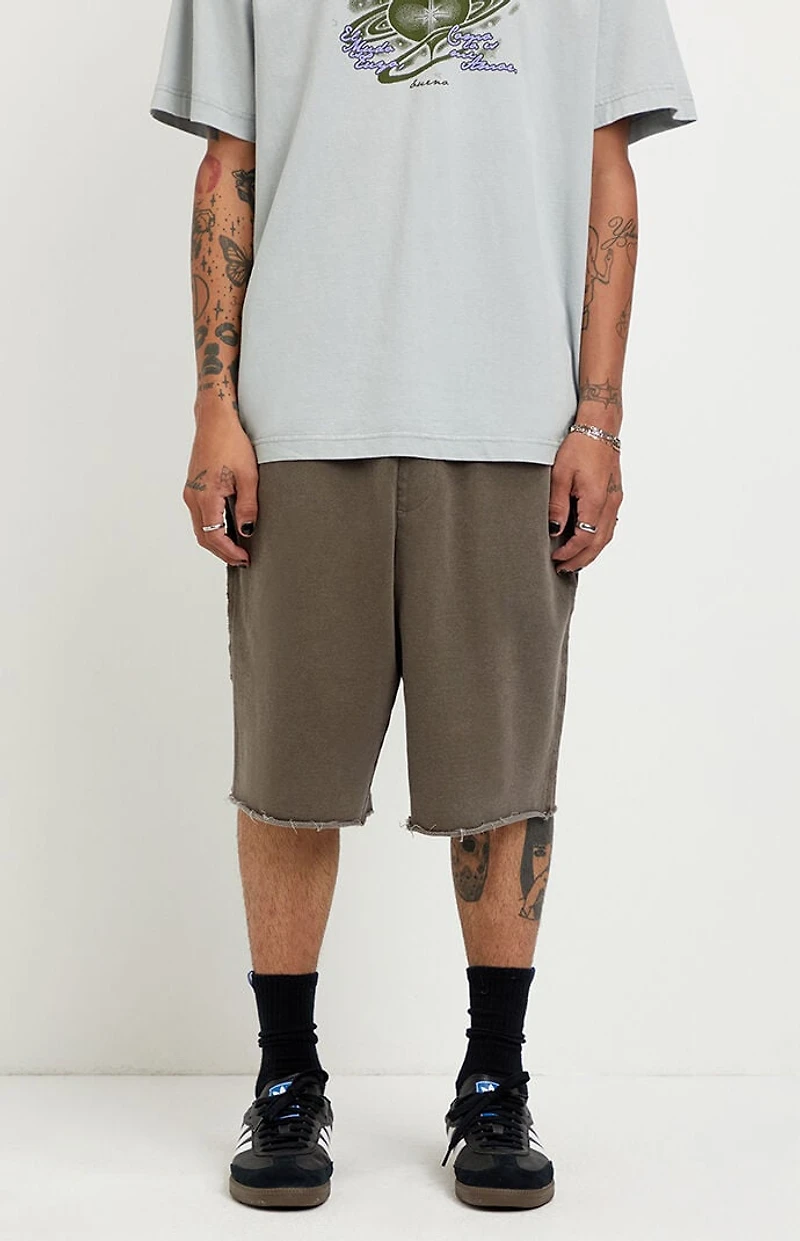 Pacsun Washed Brown Fleece Raw Baggy Sweat Shorts