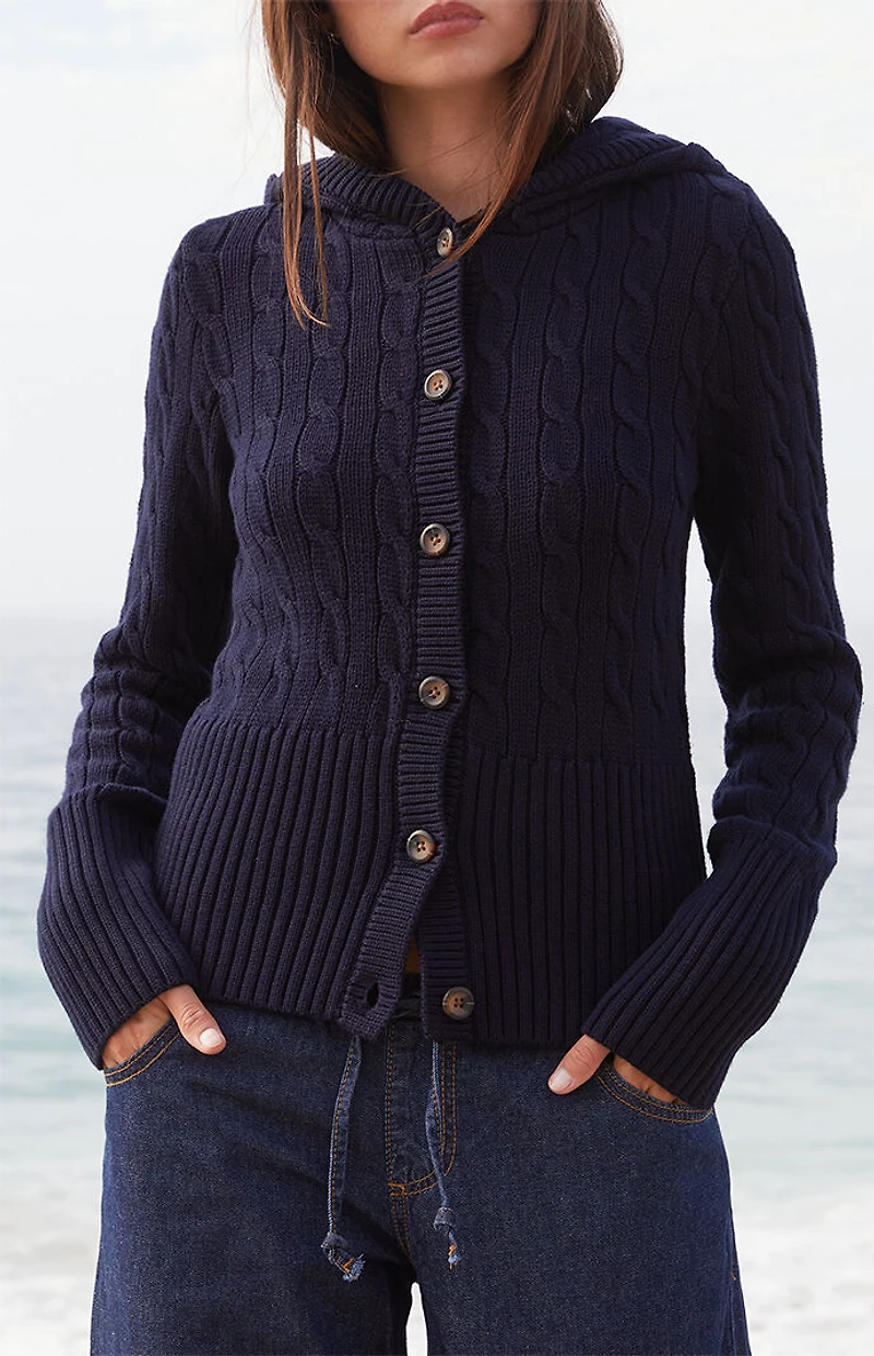 John Galt Cable Knit Button Down Hooded Sweater