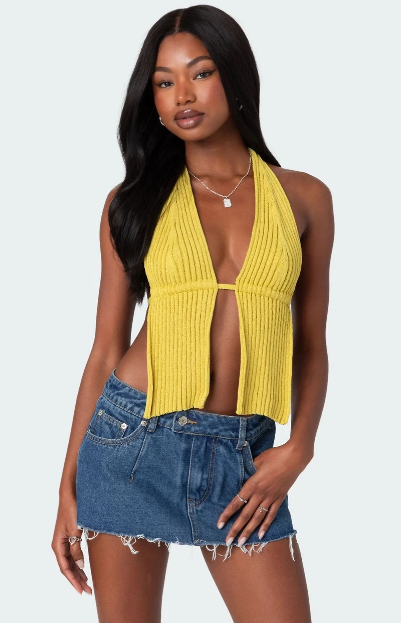 Edikted Caraway Ribbed Knit Split Front Top