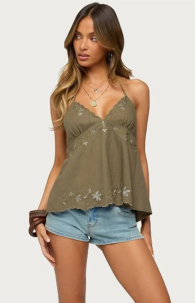 Edikted Nadine Embroidered Linen Look Top