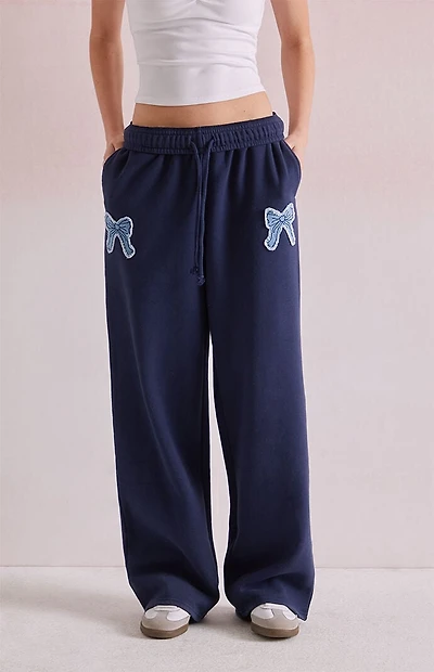 Beverly and Beck Denim Bow Applique Baggy Sweatpants
