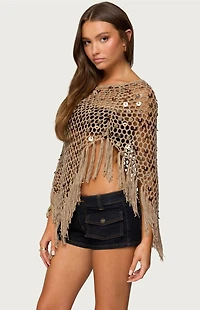 Edikted Fringe Sequin Crochet Poncho