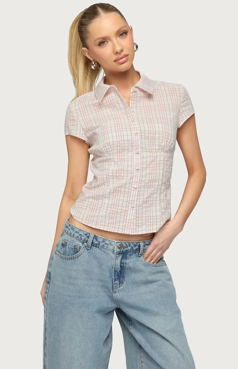 Edikted Naiah Plaid Tailored Button Up Shirt