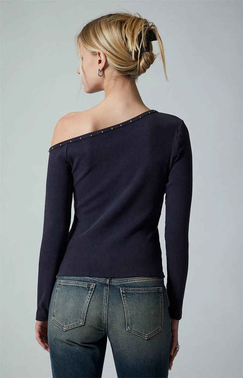 Third Charm Violet Studded Neck Long Sleeve Top