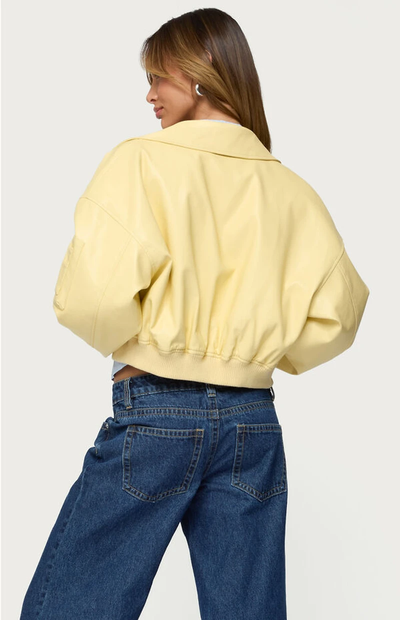 Edikted Zayna Cropped Faux Leather Bomber Jacket