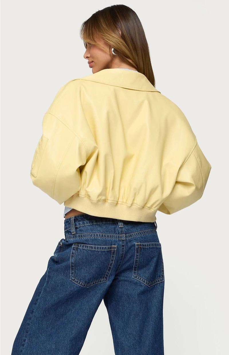 Edikted Zayna Cropped Faux Leather Bomber Jacket