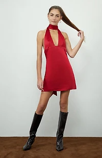 Beverly and Beck Vera Satin Halter Mini Dress