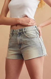 RARE DNM EDIT Light Blue Rhinestone Trim High Waisted Denim Festival Shorts