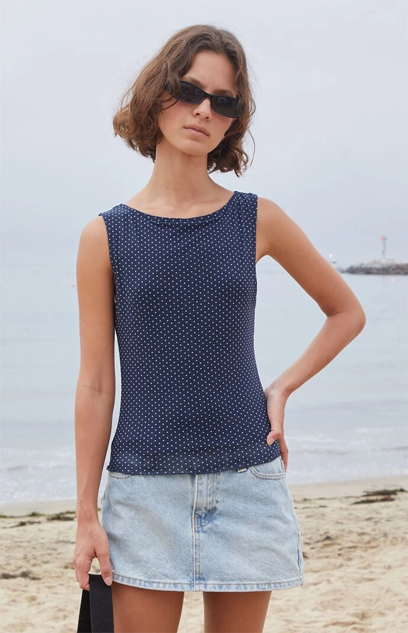 John Galt Blue Polka Dot High Neck Tank Top