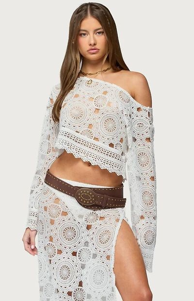 Edikted Milana Sheer Lace Off Shoulder Top