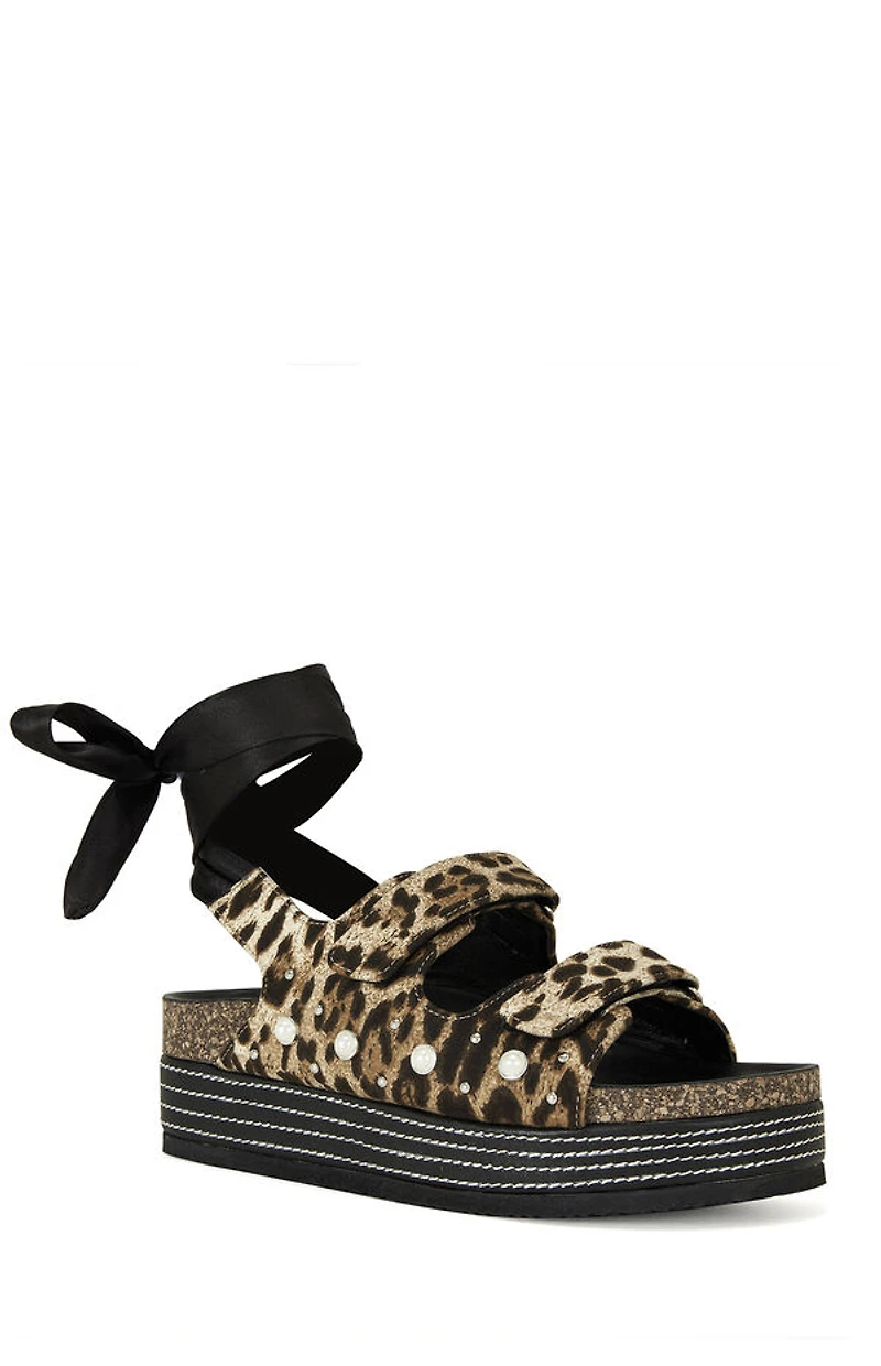 AZALEA WANG Women's Mackley Leopard Tie Up Platform Sandals