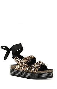 AZALEA WANG Women's Mackley Leopard Tie Up Platform Sandals