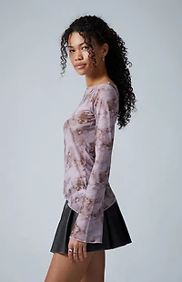Third Charm Gretchen Mesh Printed Boat Neck Long Sleeve Top