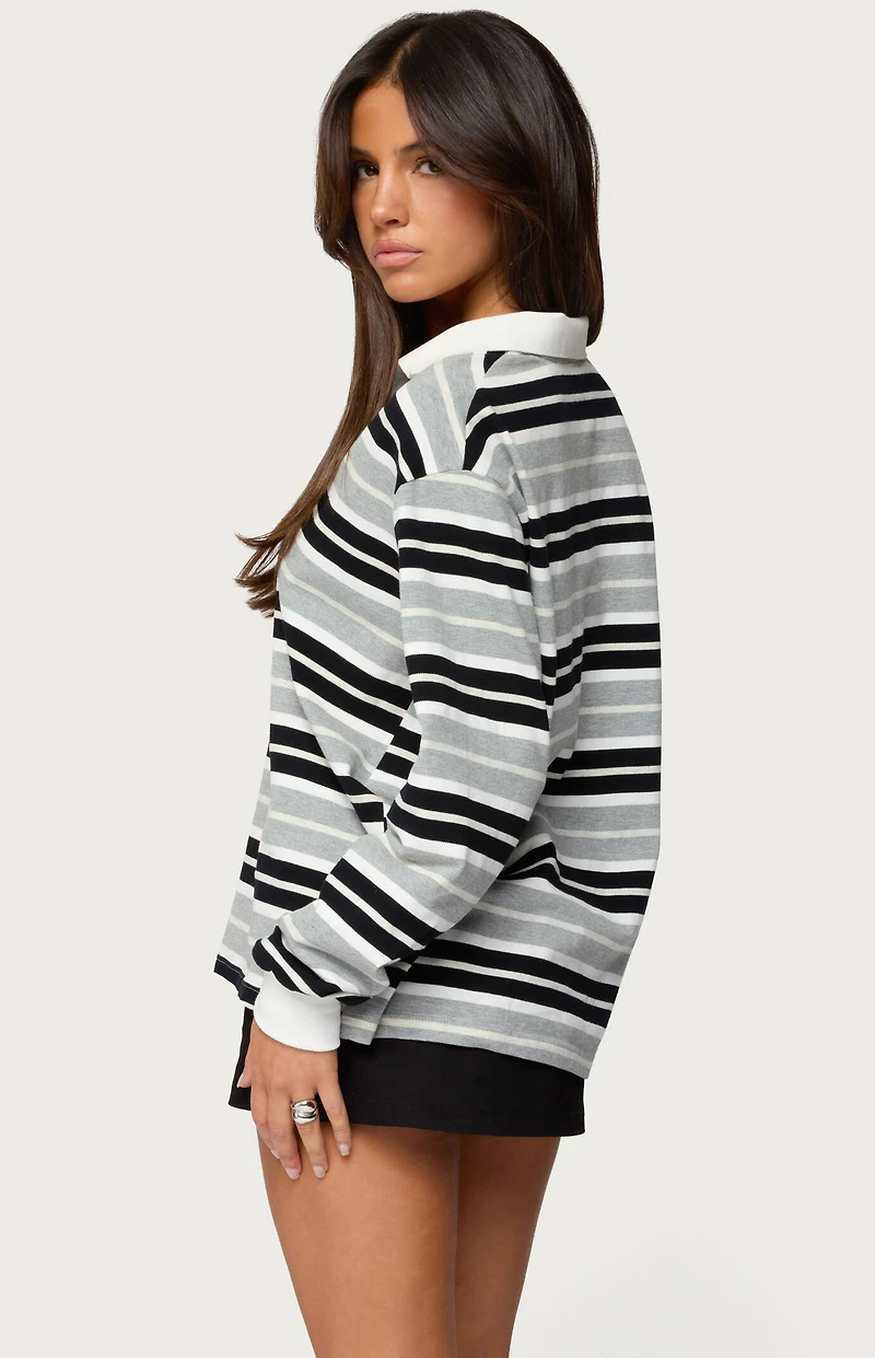 Edikted Renya Striped Long Sleeve Polo Top