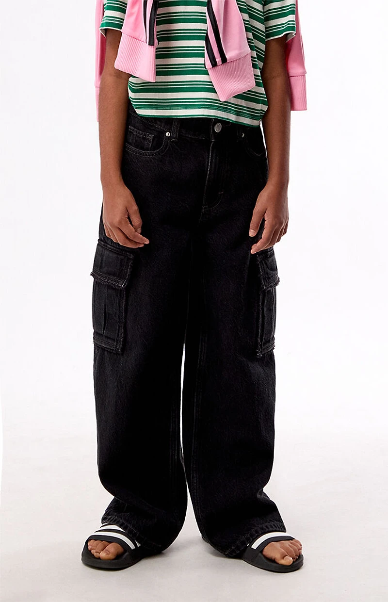 Pacsun Kids Baggy Jeans Frayed Cargo Black Wash