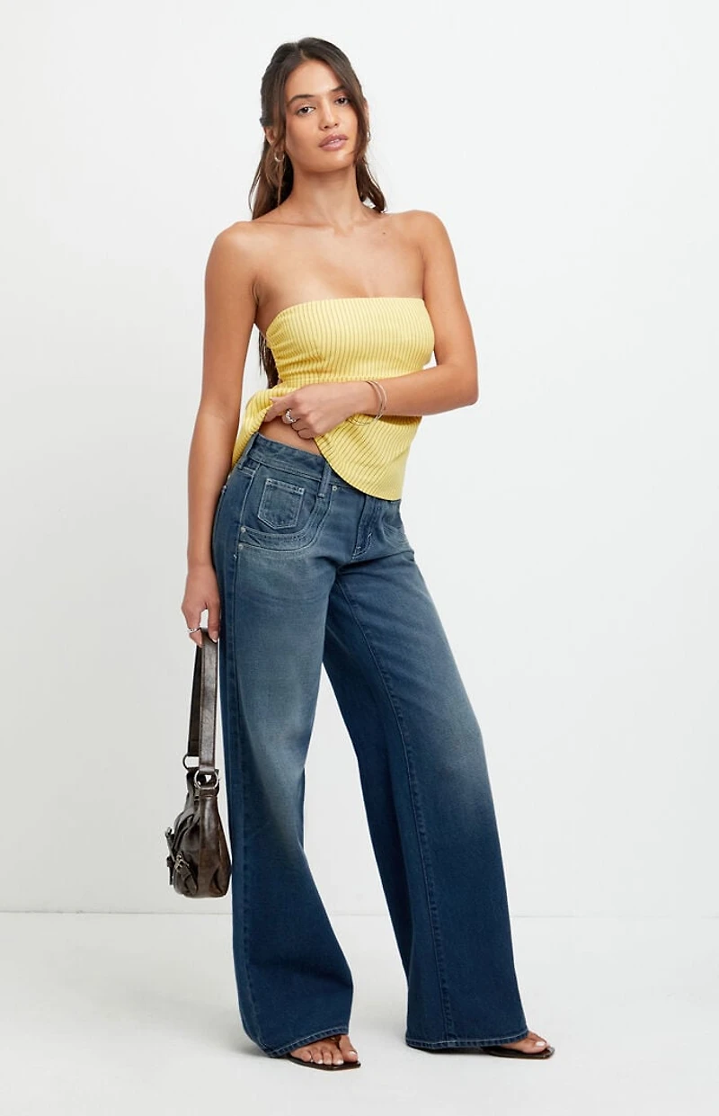 Pacsun Casey Low Rise Baggy Jeans Stacked Scoop Pocket Dark Blue