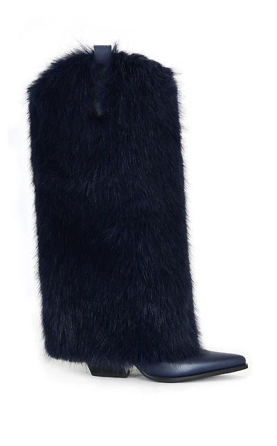 AZALEA WANG Women's Friata Navy Faux Fur Western Boots