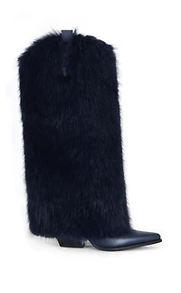 AZALEA WANG Women's Friata Navy Faux Fur Western Boots