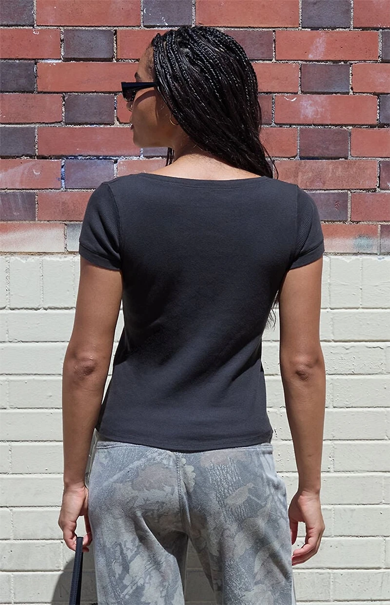 John Galt Black Henley Short Sleeve Top