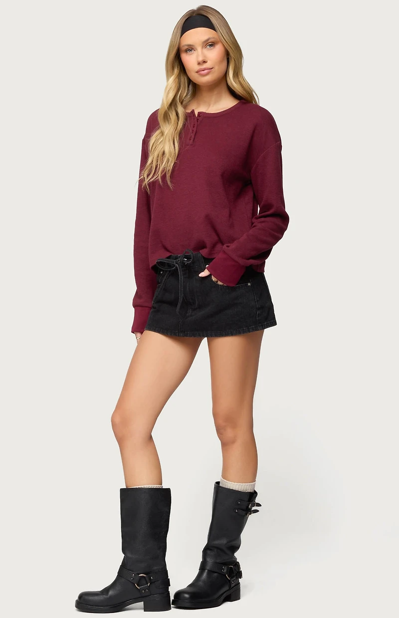 Edikted Deni Long Sleeve Henley Waffle Top