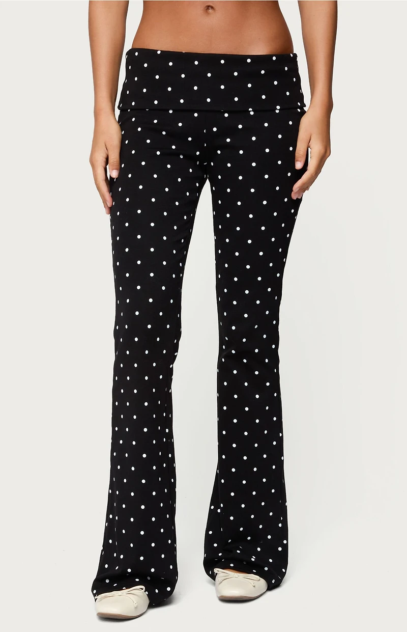 Edikted Daliya Polka Dot Fold Over Flared Leggings