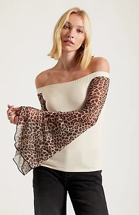 Third Charm Off-The-Shoulder Leopard Sleeve Top