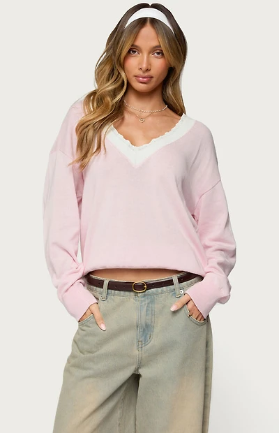 Edikted Marie Contrast Lacey V Neck Sweater