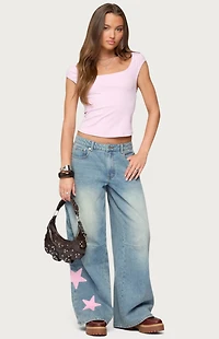 Edikted Trish Satin Effect Stars Low Rise Jeans