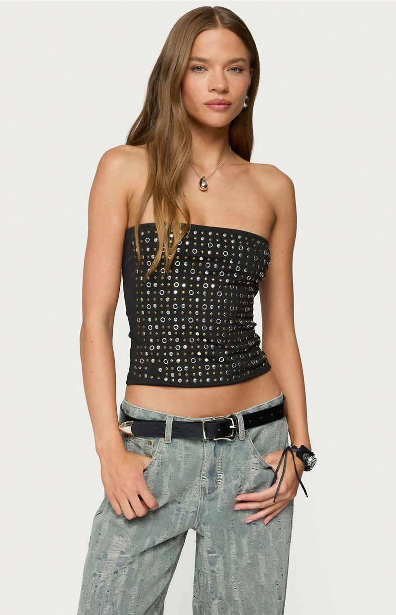 Edikted Blanco Studded Grommet Tube Top