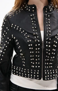 AZALEA WANG Silvia Crystal Faux Leather Moto Jacket