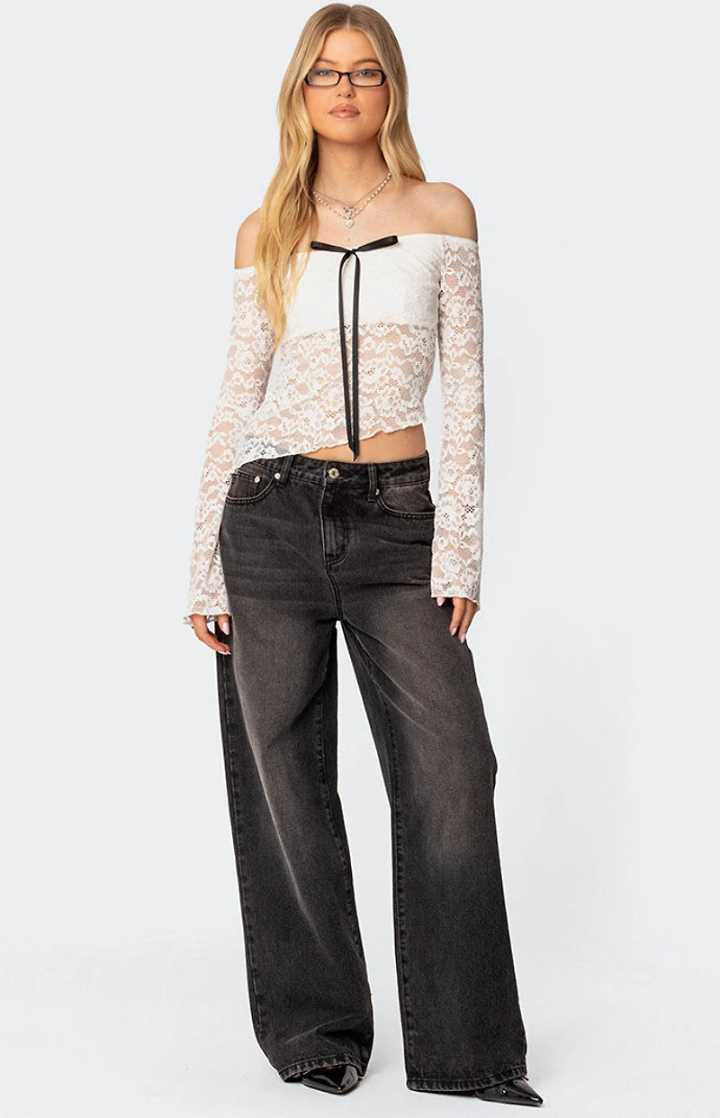 Edikted Asymmetric Sheer Lace Off Shoulder Top