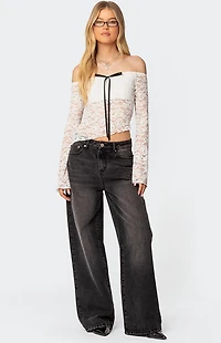 Edikted Asymmetric Sheer Lace Off Shoulder Top