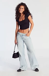 Pacsun Casey Low Rise Baggy Jeans Asymmetrical Light Indigo
