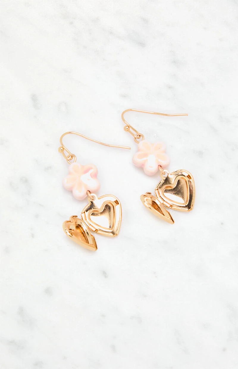 LA Hearts Gold Flower Heart Locket Earrings