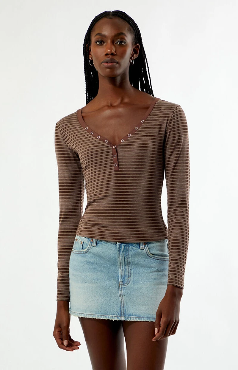 Your Favorite Poppy Striped V-Neck Button Up Long Sleeve Top