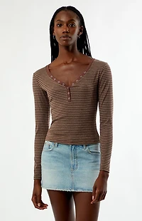 Your Favorite Poppy Striped V-Neck Button Up Long Sleeve Top