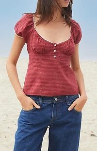 John Galt Burgundy Plaid Blair Short Sleeve Top