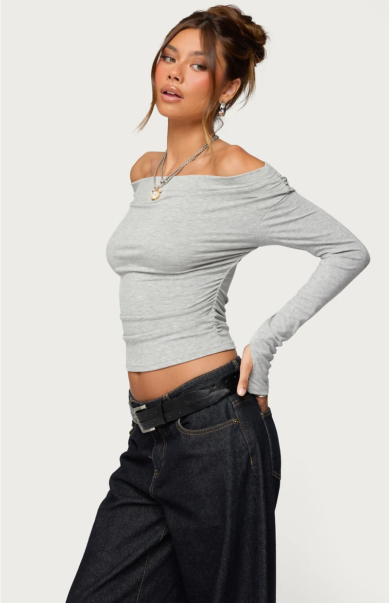 Edikted Milane Ruched Off Shoulder Ribbed Top