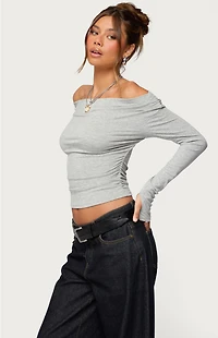 Edikted Milane Ruched Off Shoulder Ribbed Top