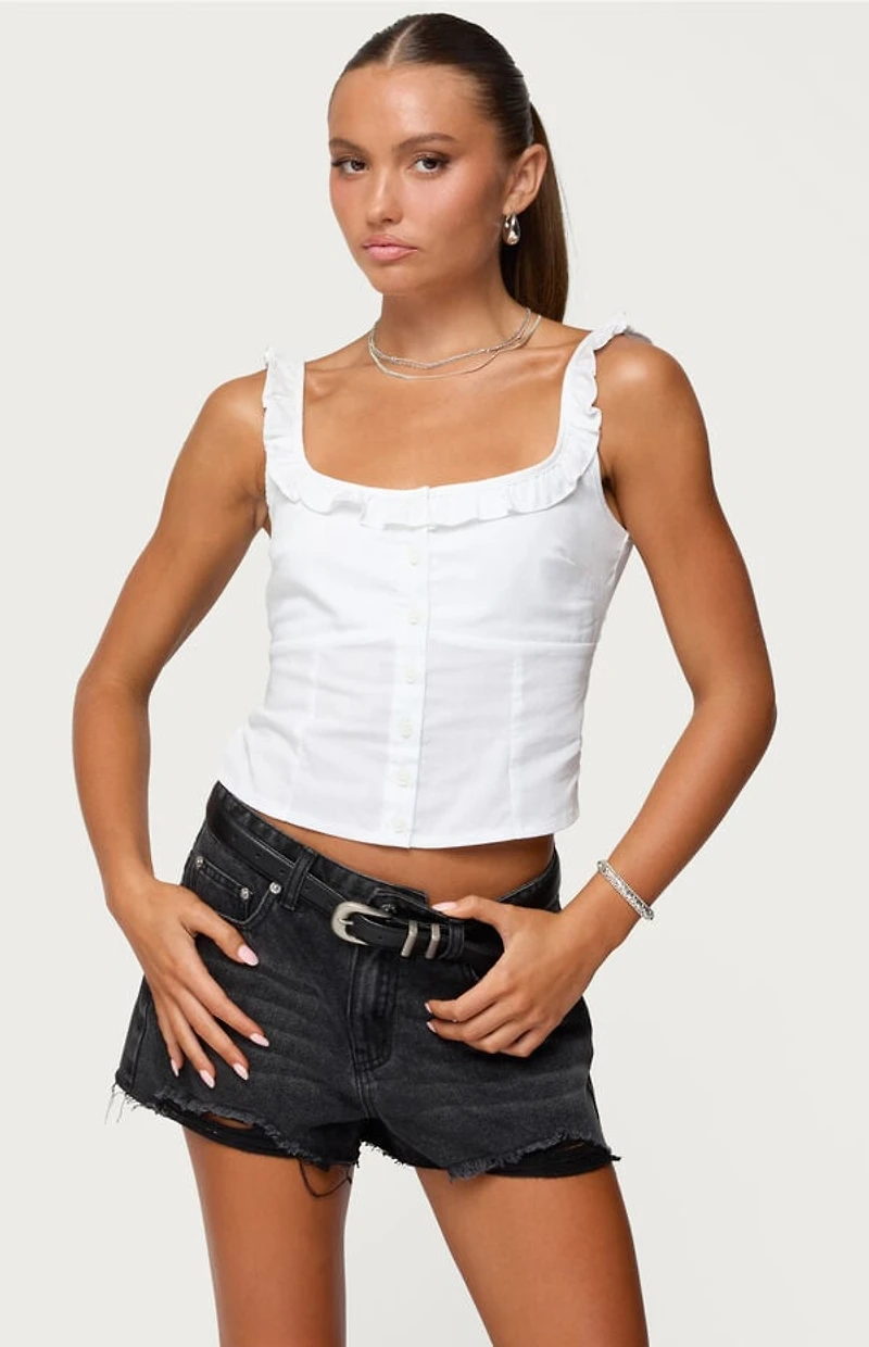Edikted Noga Ruffle Woven Button Up Top