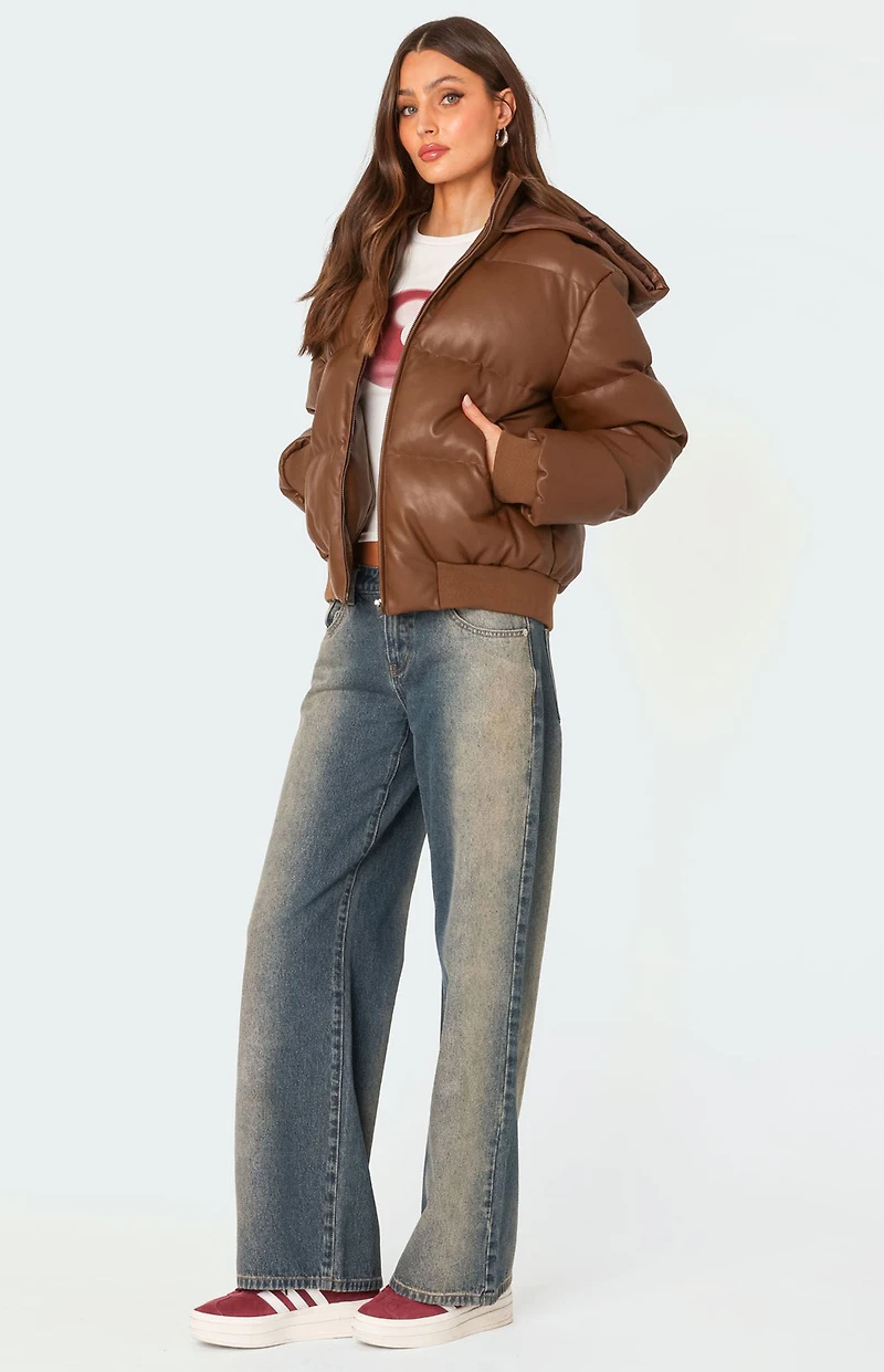 Edikted Wintry Faux Leather Hooded Puffer Jacket