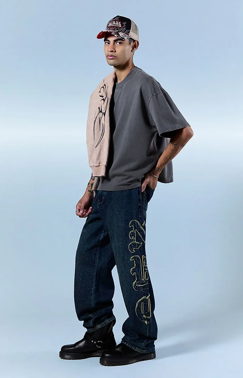 Pacsun Dylan Baggy Jeans Frayed NYC Applique Dark Blue