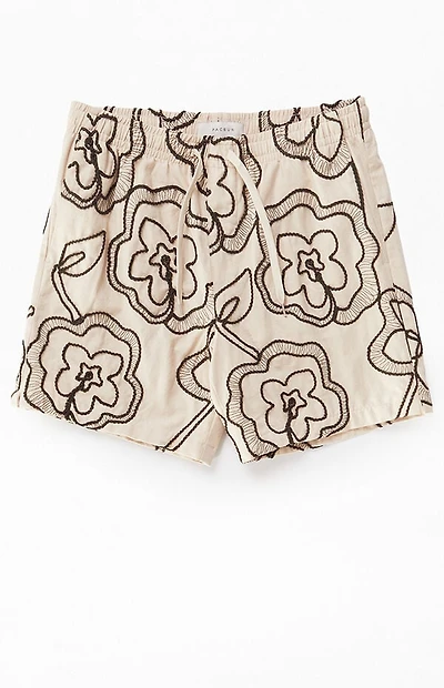 Pacsun Tan Floral Embroidered Linen Volley Shorts