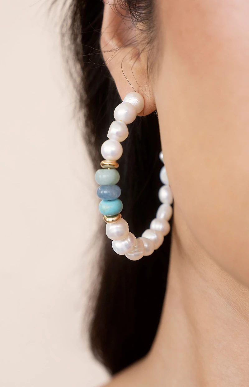 Ettika Beach Day Pearl and Blue Gemstone Hoop Earrings