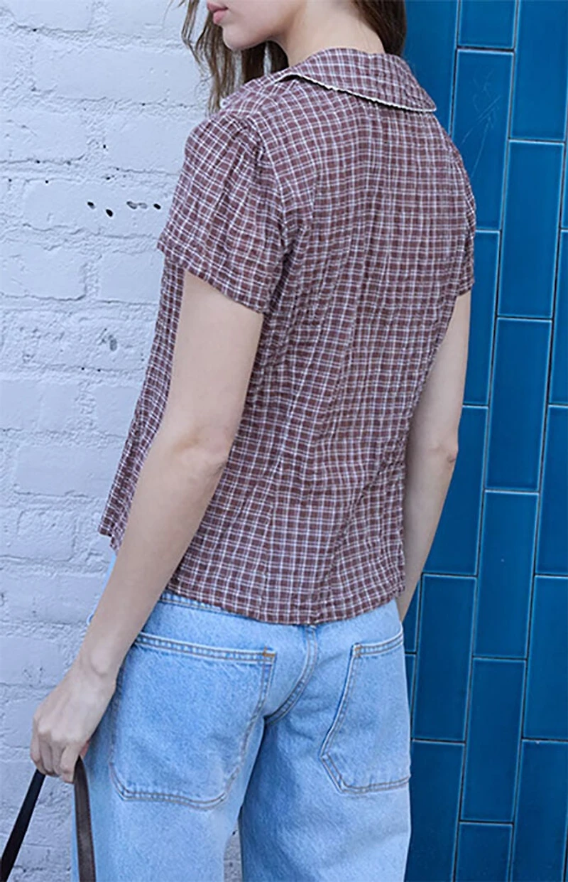 John Galt Brown Plaid Textured Teagan Collared Top