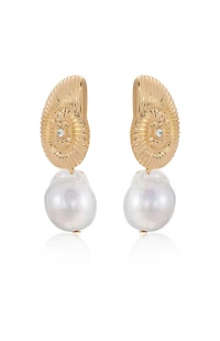 Ettika Nautilus Shell Freshwater Pearl Dangle Earrings