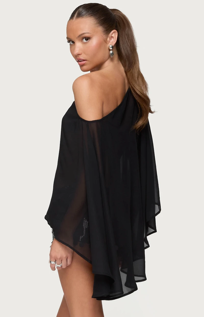 Edikted Sheer Chiffon Asymmetric Poncho